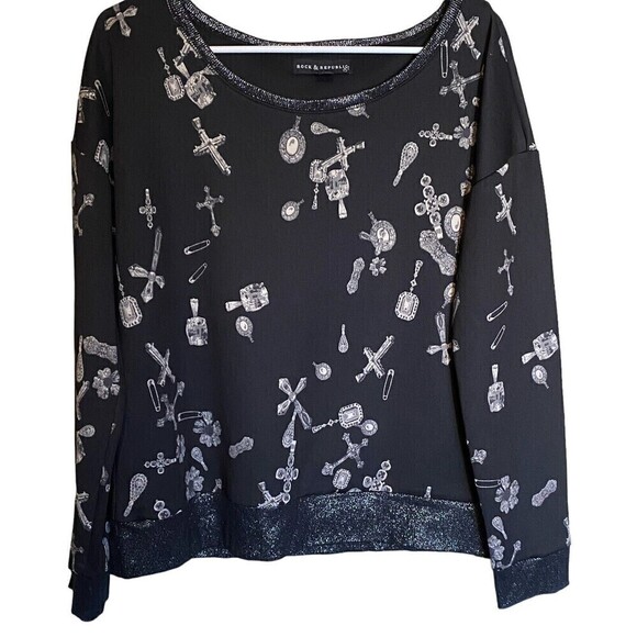 Rock & Republic Top Womens L Black Jewels Crosses Gothic Grunge Sweatshirt NEW - Picture 1 of 8